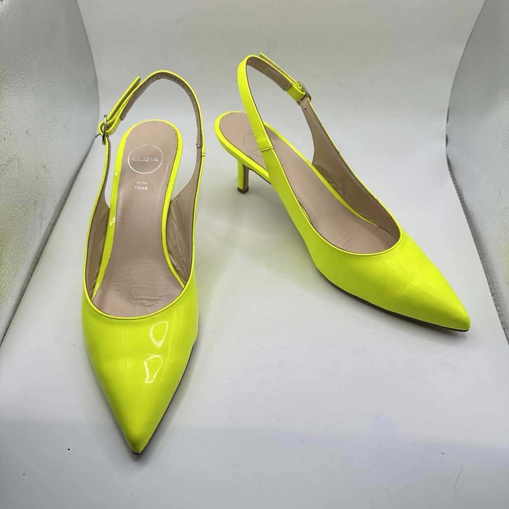 Clizia Sonia Fluo Giallo Slingback Kitten Heel Pointy Neon Yellow Patent Sz10 41